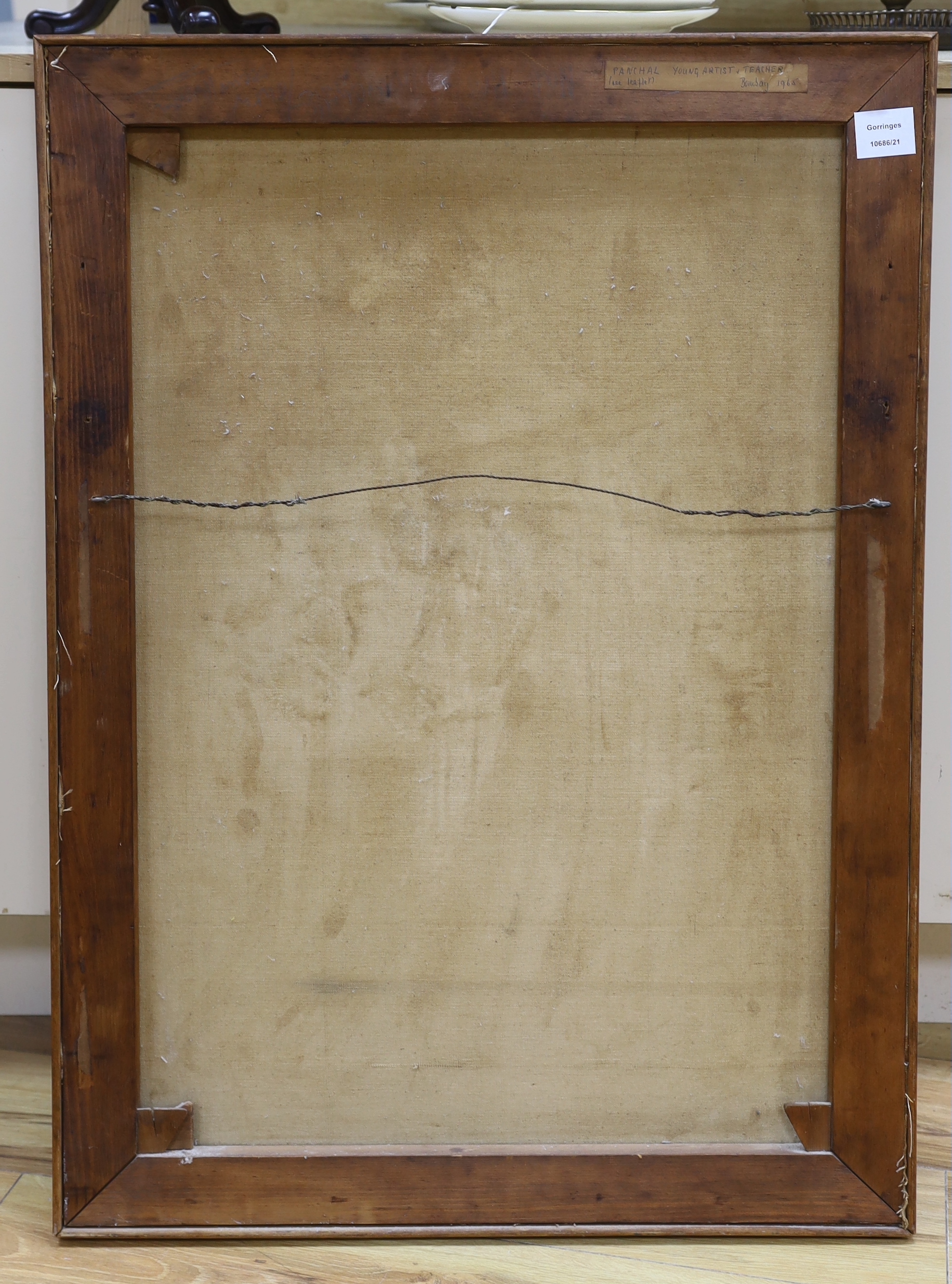 Early 20th century, oil on canvas, abstract composition, indistinctly signed, various inscriptions verso including ‘Panchal & Bombay 1965’, 84 x 60cm